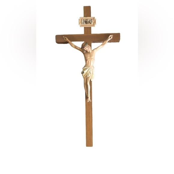 Other - Vintage Large Crucifix Ceramic Jesus Nazareth INRI On Wood Cross Wall Hanging